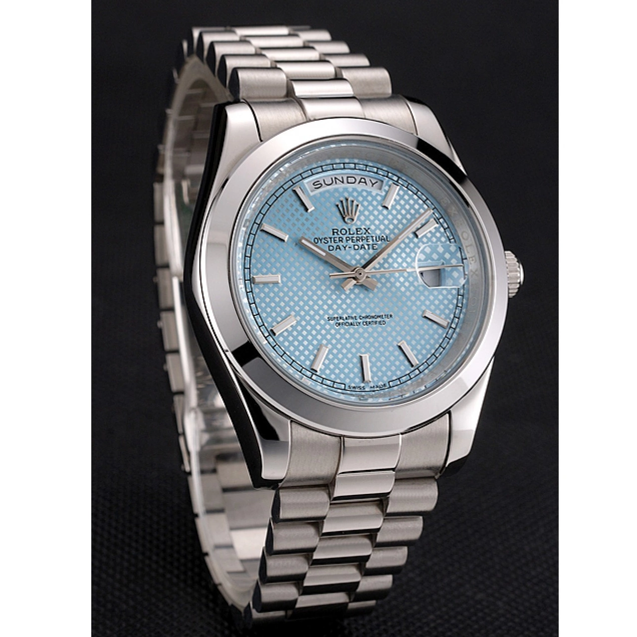 Aaa replica watch Ice Stainless Rolex Case And Steel Day Dial Date Bracelet 40 Blue 0701